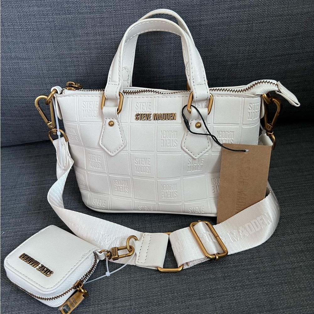 Steve Madden Mini White Croc-Embossed Crossbody Satchel with Removable Strap
